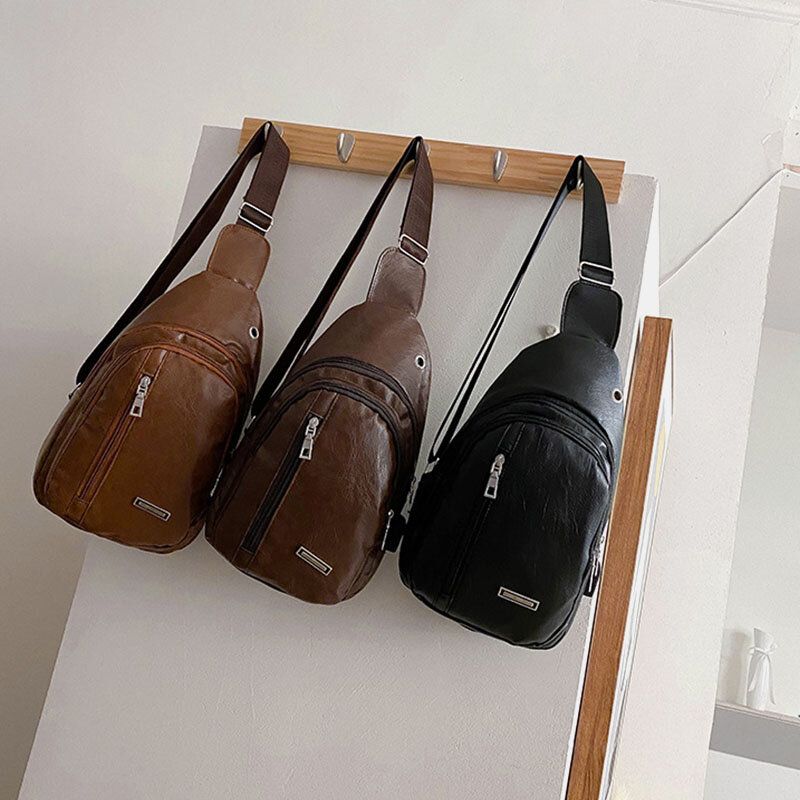 Hombres Pu Cuero Agujero Para Auriculares Multi-carry Bolso Bandolera Impermeable Bolso En El Pecho Bolso Bandolera