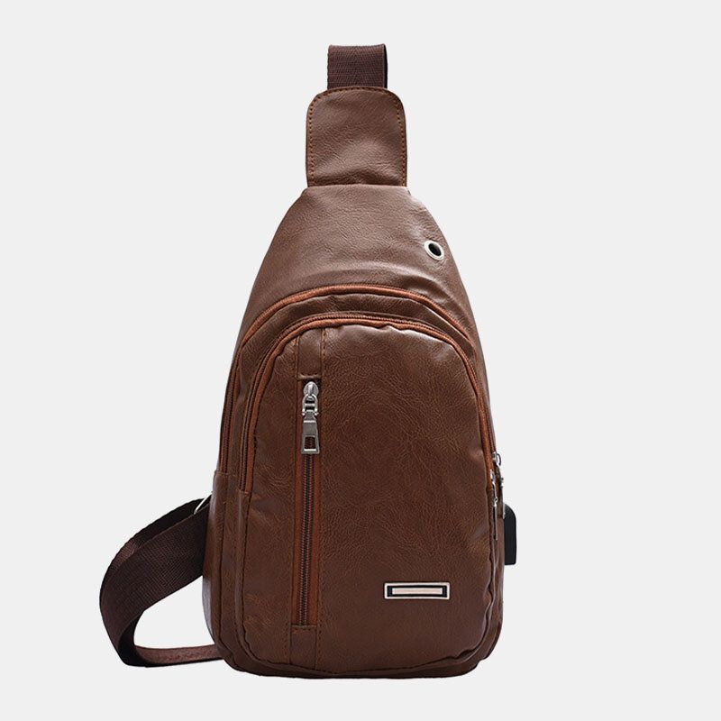 Hombres Pu Cuero Agujero Para Auriculares Multi-carry Bolso Bandolera Impermeable Bolso En El Pecho Bolso Bandolera