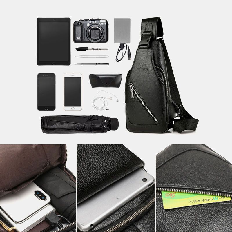 Hombres Pu Cuero Carga Usb Impermeable Agujero Para Auriculares Bolso Bandolera De Negocios Bolso En El Pecho Bolso Bandolera