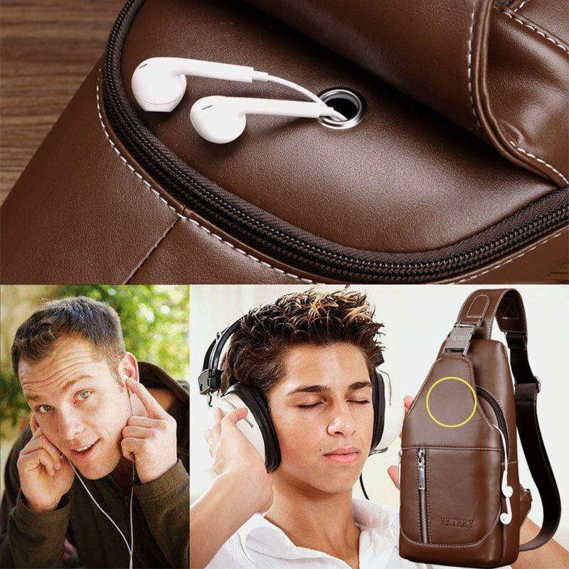 Hombres Pu Cuero Casual Multifunción Auricular Agujero Bandolera Bolsa De Pecho