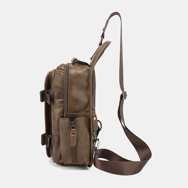 Hombres Pu Cuero Vintage Multifunción Auricular Agujero Carga Usb Bolso Bandolera Bolso De Pecho Bolso Bandolera