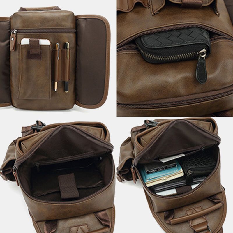 Hombres Pu Cuero Vintage Multifunción Auricular Agujero Carga Usb Bolso Bandolera Bolso De Pecho Bolso Bandolera