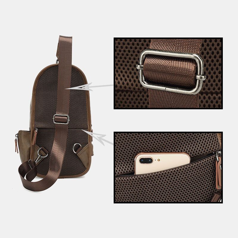 Hombres Pu Cuero Vintage Multifunción Auricular Agujero Carga Usb Bolso Bandolera Bolso De Pecho Bolso Bandolera