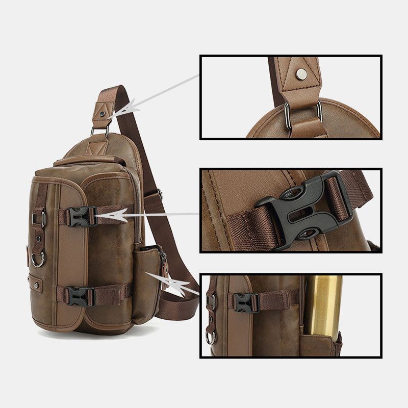 Hombres Pu Cuero Vintage Multifunción Auricular Agujero Carga Usb Bolso Bandolera Bolso De Pecho Bolso Bandolera