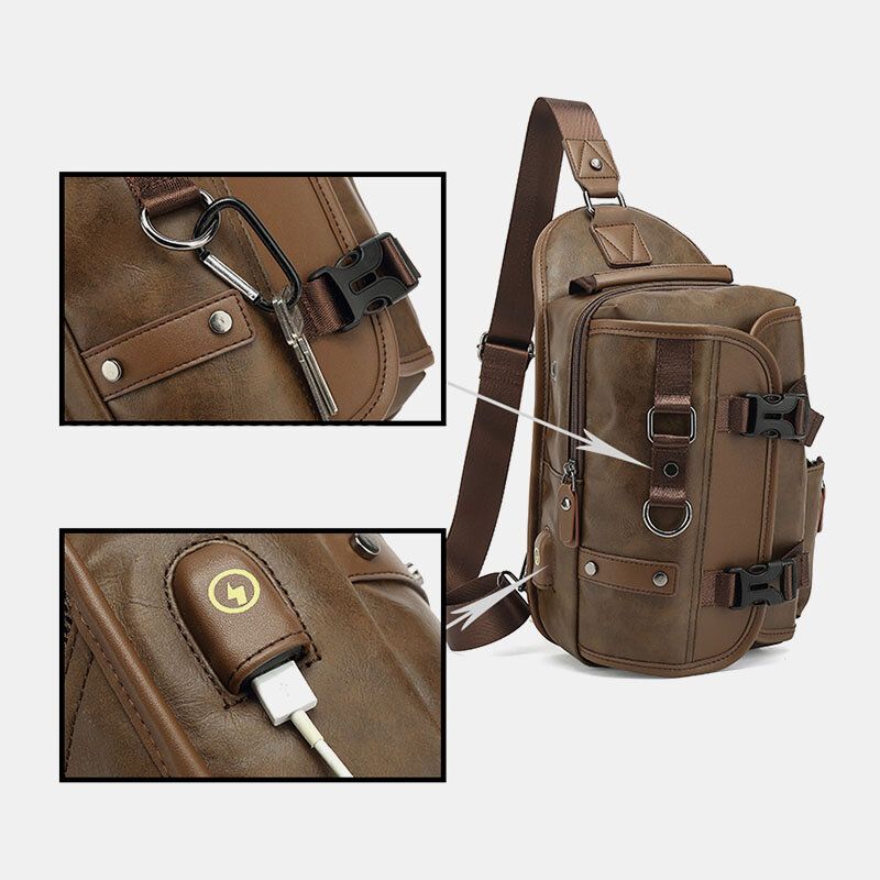 Hombres Pu Cuero Vintage Multifunción Auricular Agujero Carga Usb Bolso Bandolera Bolso De Pecho Bolso Bandolera