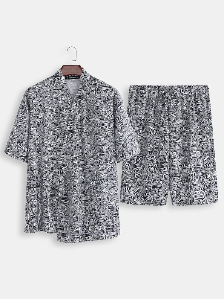 2pcs Kimono Yukata Pijamas Para Hombres Albornoz De Estilo Japonés Ropa De Dormir Con Estampado Floral