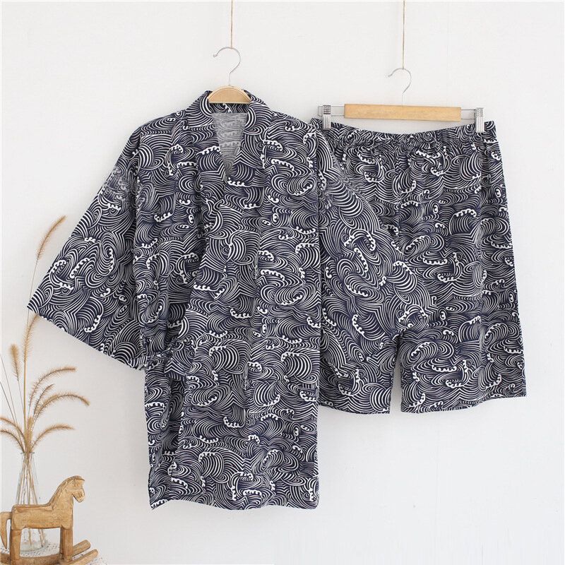 2pcs Kimono Yukata Pijamas Para Hombres Albornoz De Estilo Japonés Ropa De Dormir Con Estampado Floral