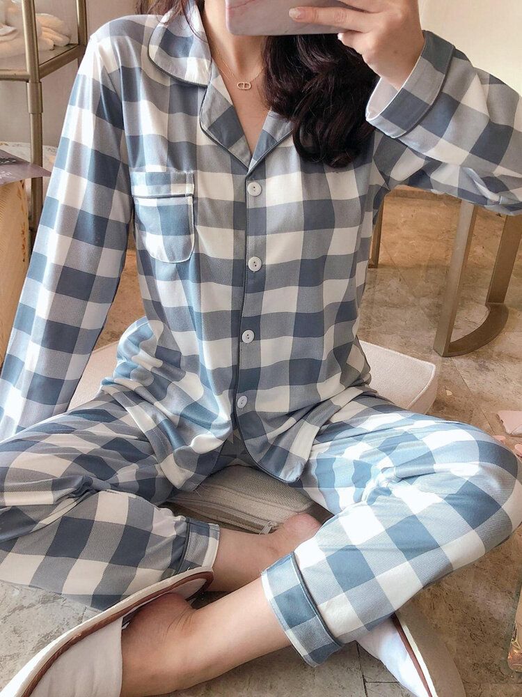 6 Patrones Para Mujer Plaid Revere Collar Manga Larga Suelta Pijama Para El Hogar