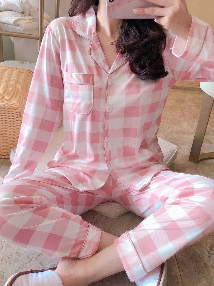 6 Patrones Para Mujer Plaid Revere Collar Manga Larga Suelta Pijama Para El Hogar