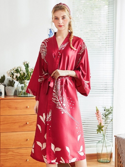 Batas De Camisón Kimono De Seda Nupcial Floral De Manga Larga Roja