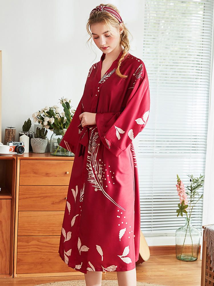 Batas De Camisón Kimono De Seda Nupcial Floral De Manga Larga Roja