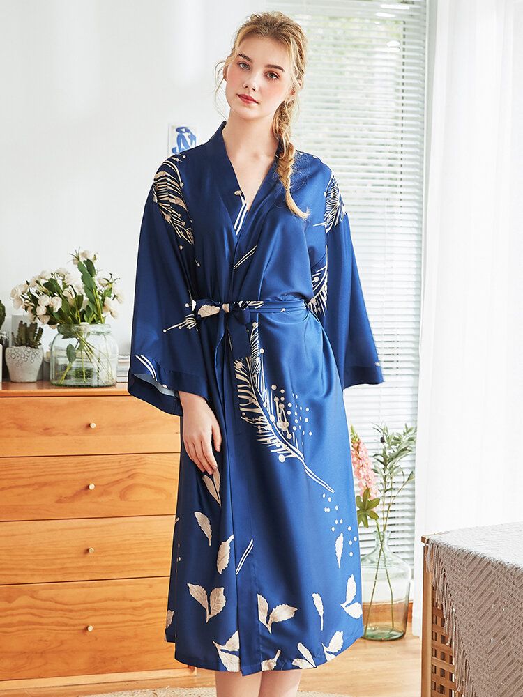 Batas De Camisón Kimono De Seda Nupcial Floral De Manga Larga Roja