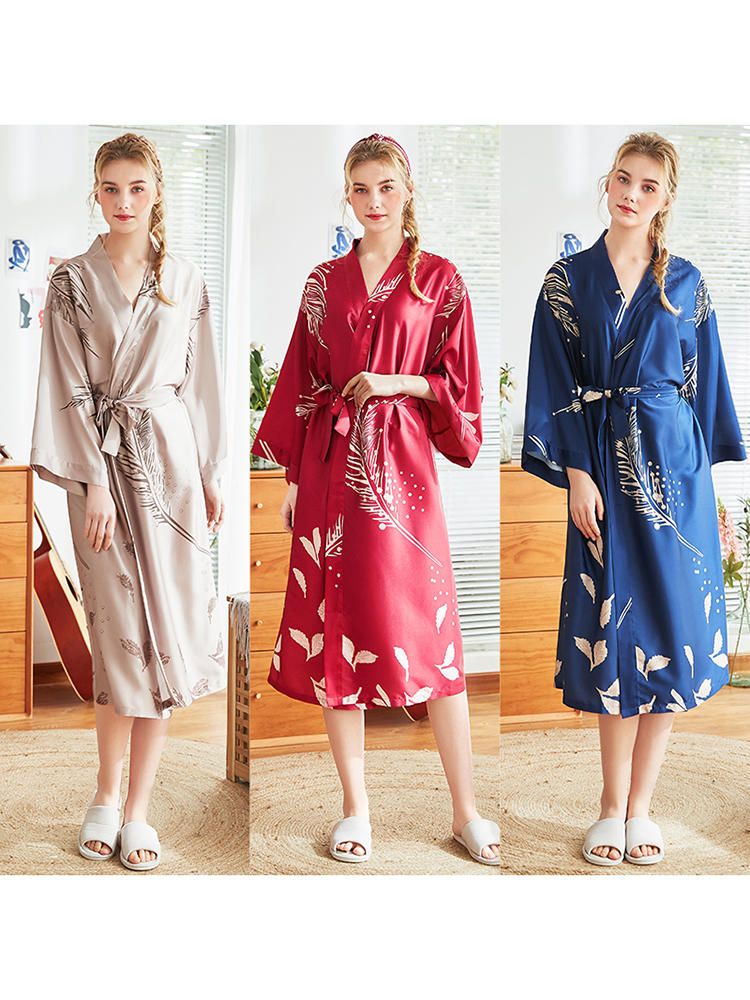 Batas De Camisón Kimono De Seda Nupcial Floral De Manga Larga Roja