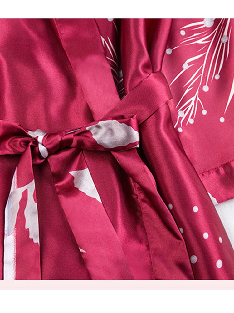 Batas De Camisón Kimono De Seda Nupcial Floral De Manga Larga Roja