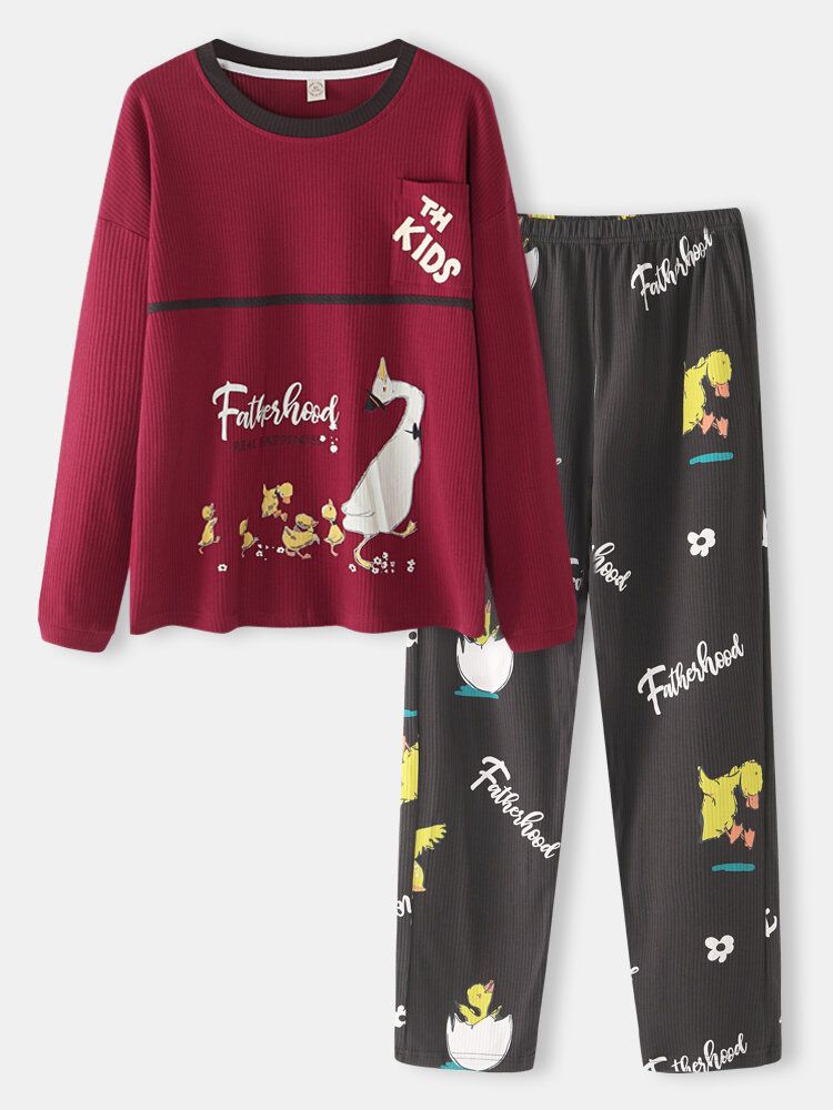 Blusa Acanalada Con Estampado De Pato De Dibujos Animados Para Mujer Pantalones De Bolsillo Con Cintura Elástica Pijamas Para El Hogar