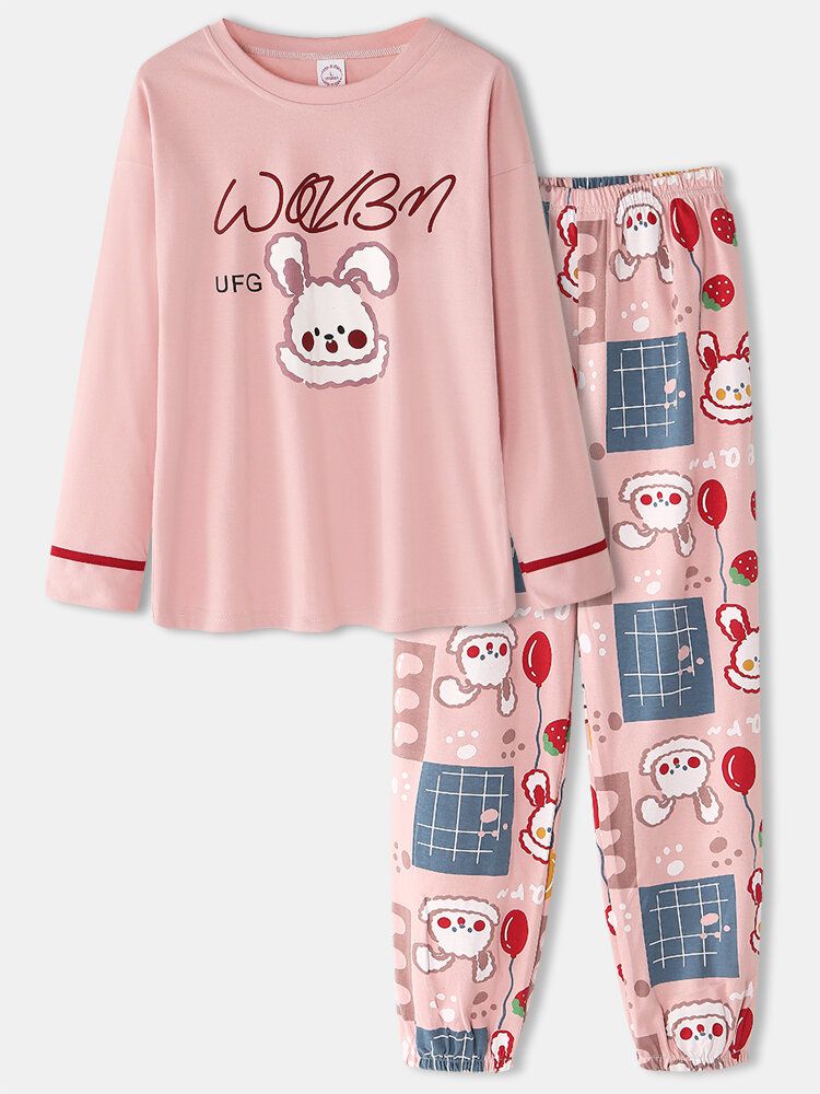 Blusa Con Estampado De Conejo De Dibujos Animados Lindo Para Mujer Pantalones De Bolsillo Con Cintura Elástica Conjuntos De Pijama Rosa