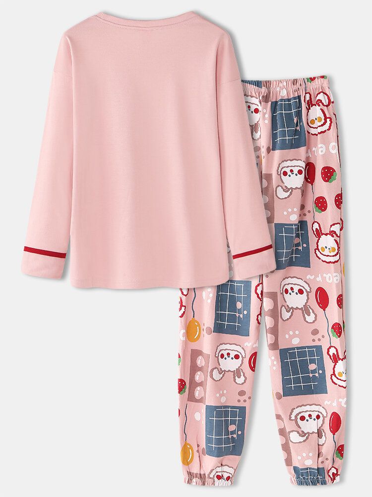 Blusa Con Estampado De Conejo De Dibujos Animados Lindo Para Mujer Pantalones De Bolsillo Con Cintura Elástica Conjuntos De Pijama Rosa