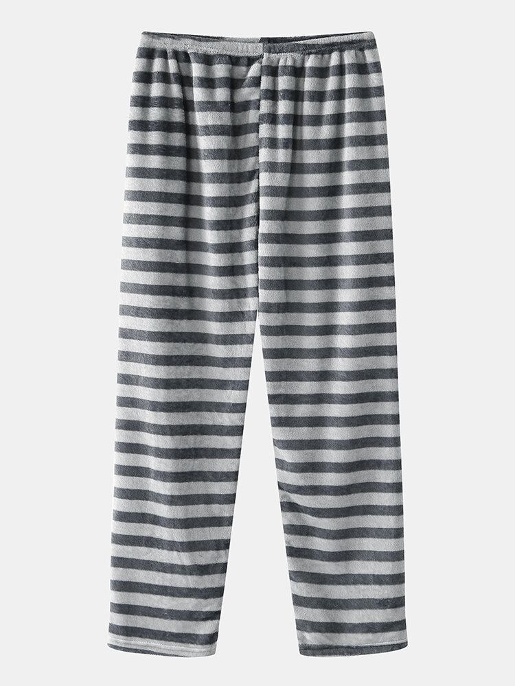 Bolsillo En El Pecho Con Letras De Franela Para Hombre Sudaderas Gruesas De Manga Larga Pantalones A Rayas Conjunto De Pijama Para El Hogar