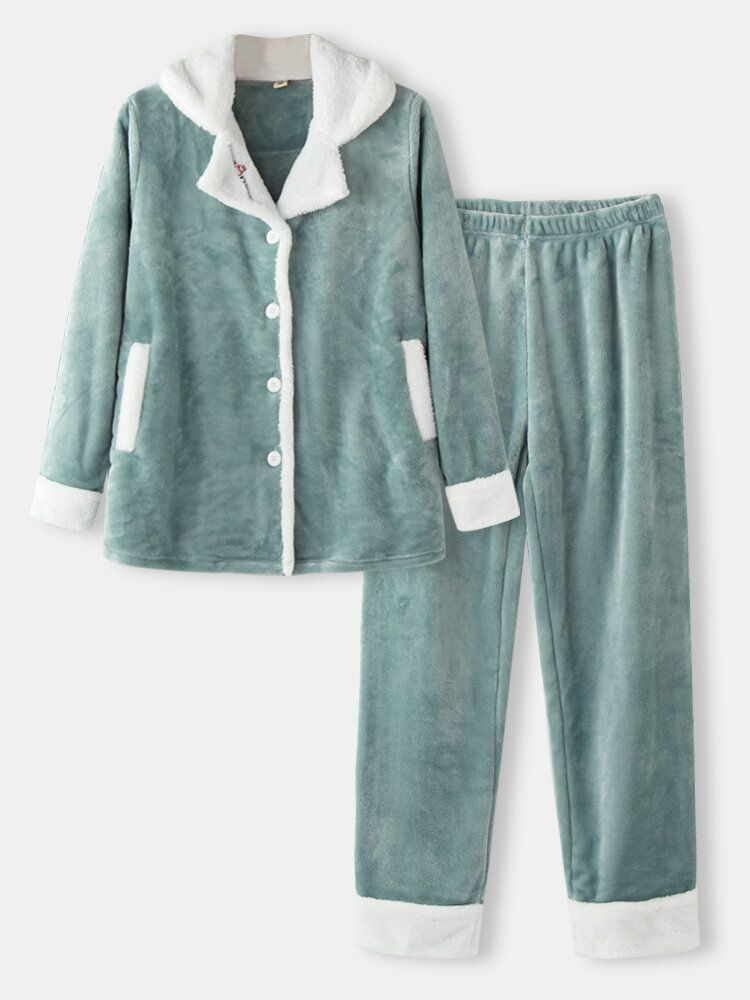 Camisa Con Botones De Bolsillo De Solapa Gruesa De Franela Para Mujer Pantalones Sueltos Ropa De Dormir Suave Conjunto De Pijama Simple