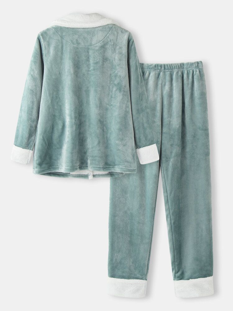 Camisa Con Botones De Bolsillo De Solapa Gruesa De Franela Para Mujer Pantalones Sueltos Ropa De Dormir Suave Conjunto De Pijama Simple