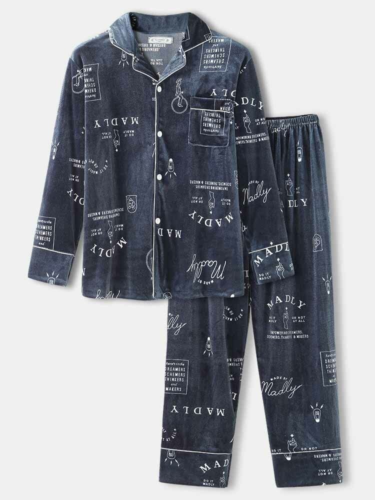 Camisa Con Estampado De Letras De Graffiti Simple Para Hombre Pantalones De Cintura Elástica Conjunto De Pijama Cálido De Terciopelo Para El Hogar