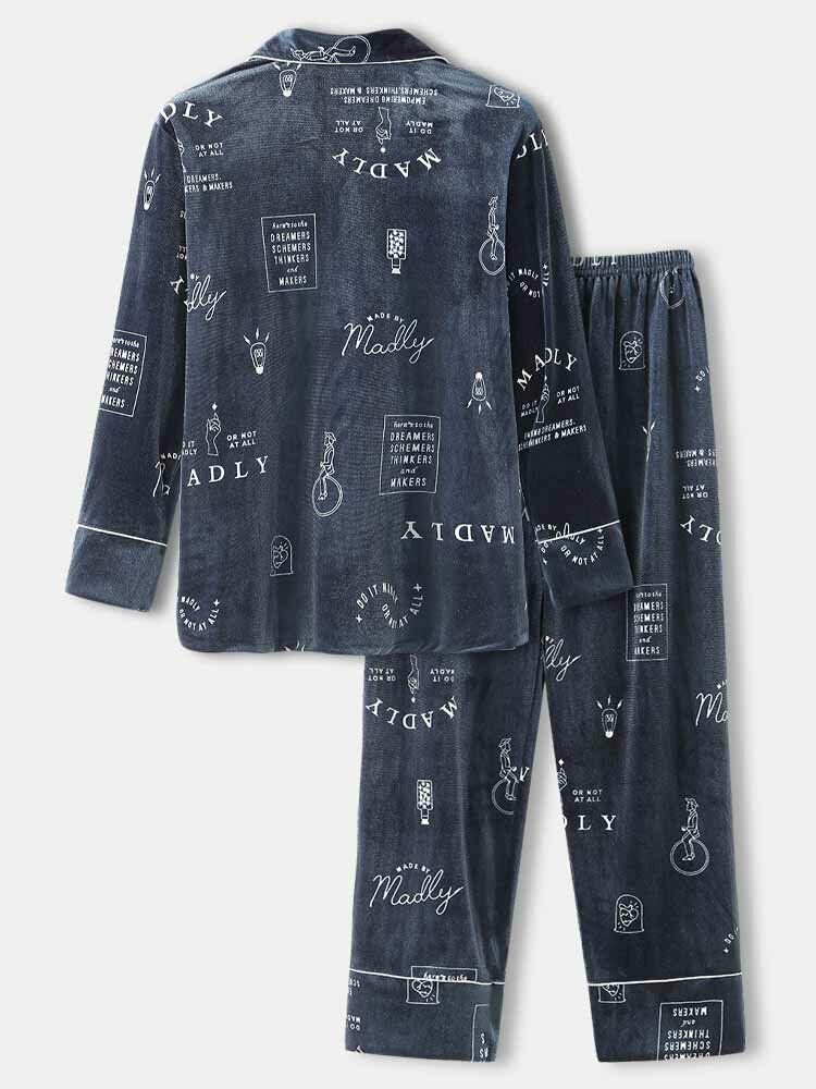 Camisa Con Estampado De Letras De Graffiti Simple Para Hombre Pantalones De Cintura Elástica Conjunto De Pijama Cálido De Terciopelo Para El Hogar