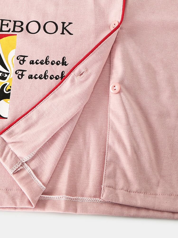 Camisa De Manga Larga Con Cuello De Campamento Con Estampado De Estilo Chino Para Mujer Pantalones Sueltos Con Bolsillo En La Cintura Elástica Conjunto De Pijama Para El Hogar