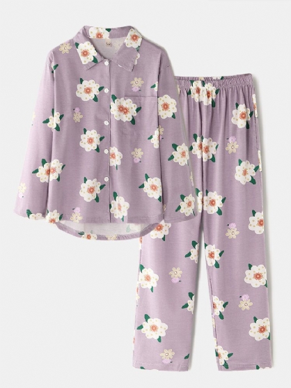 Camisa De Solapa Con Estampado Floral Para Mujer Pantalones Sueltos Con Bolsillo En La Cintura Elástica Conjunto De Pijama Para El Hogar Ropa De Dormir