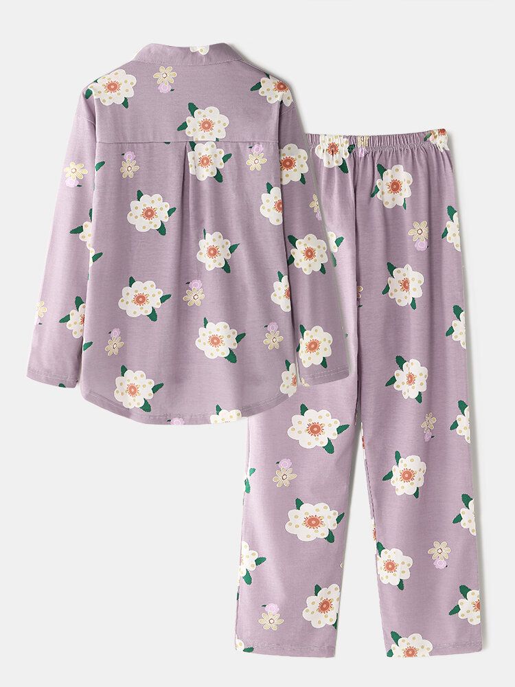 Camisa De Solapa Con Estampado Floral Para Mujer Pantalones Sueltos Con Bolsillo En La Cintura Elástica Conjunto De Pijama Para El Hogar Ropa De Dormir