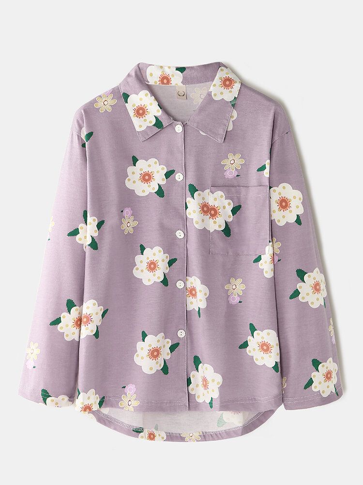 Camisa De Solapa Con Estampado Floral Para Mujer Pantalones Sueltos Con Bolsillo En La Cintura Elástica Conjunto De Pijama Para El Hogar Ropa De Dormir