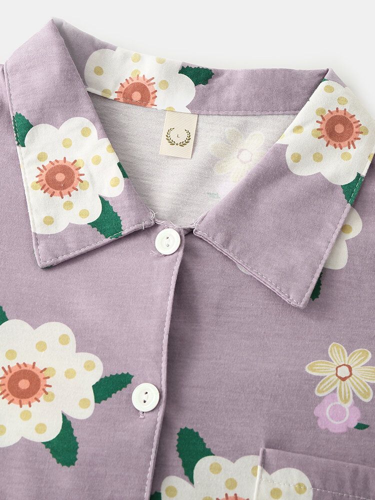 Camisa De Solapa Con Estampado Floral Para Mujer Pantalones Sueltos Con Bolsillo En La Cintura Elástica Conjunto De Pijama Para El Hogar Ropa De Dormir