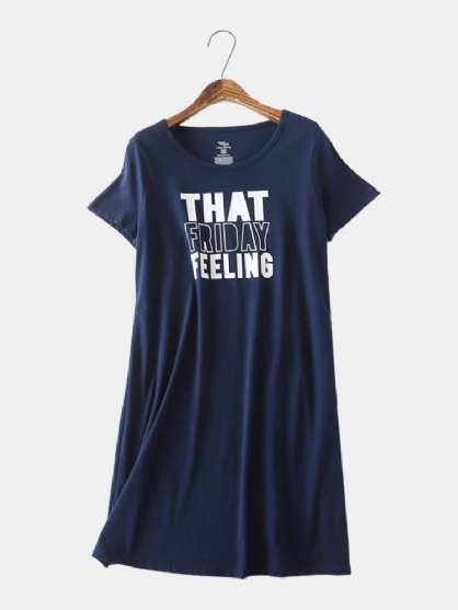 Camisón Azul Marino De Manga Corta Informal Con Estampado De Letras Para Mujer De Talla Grande