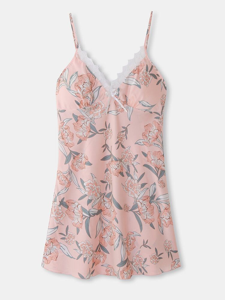 Camisón De Casa Liso Con Lazo De Encaje Y Estampado Floral Para Mujer Con Relleno