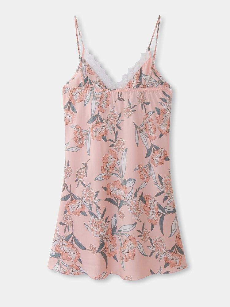 Camisón De Casa Liso Con Lazo De Encaje Y Estampado Floral Para Mujer Con Relleno