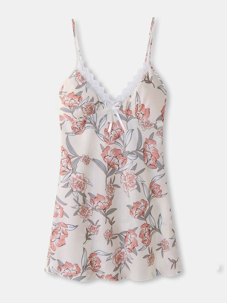 Camisón De Casa Liso Con Lazo De Encaje Y Estampado Floral Para Mujer Con Relleno