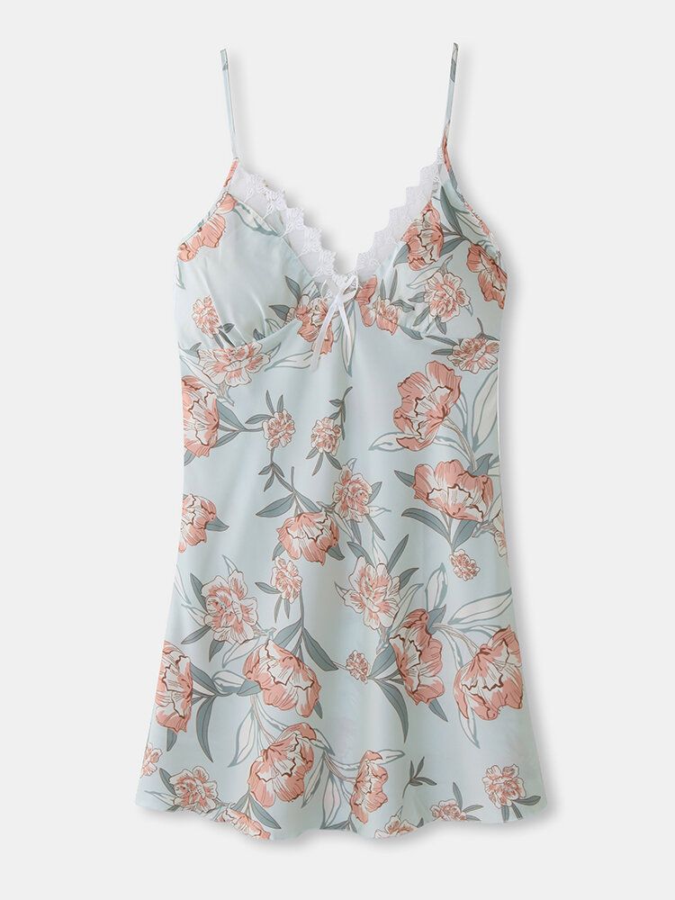 Camisón De Casa Liso Con Lazo De Encaje Y Estampado Floral Para Mujer Con Relleno