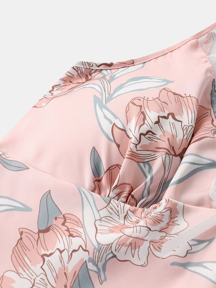 Camisón De Casa Liso Con Lazo De Encaje Y Estampado Floral Para Mujer Con Relleno