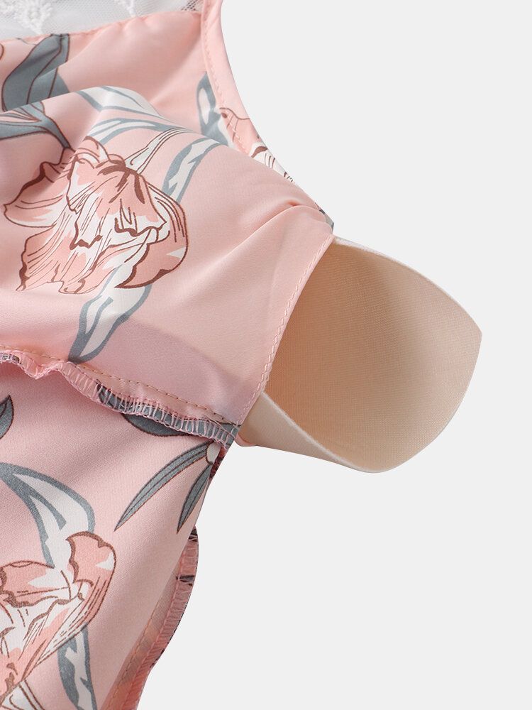 Camisón De Casa Liso Con Lazo De Encaje Y Estampado Floral Para Mujer Con Relleno