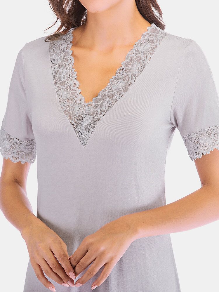 Camisón De Dormir De Manga Corta Con Ribete De Encaje Informal Para Mujer