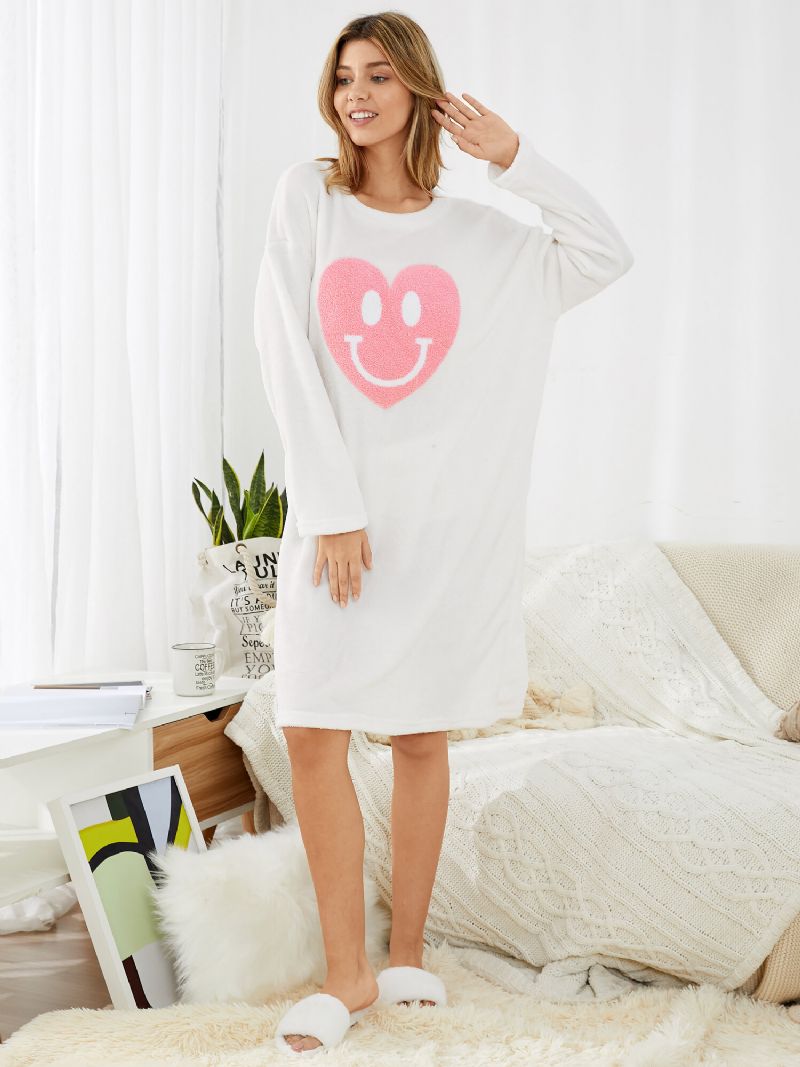 Camisón De Dormir Para El Hogar De Felpa Con Hombros Caídos Con Patrón De Sonrisa Para Mujer