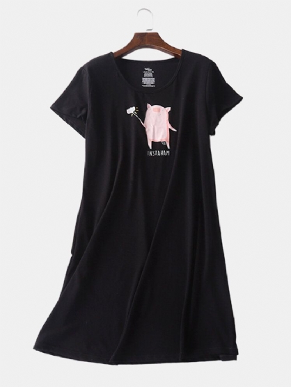 Camisón Informal De Manga Corta Con Estampado De Cerdo De Dibujos Animados Para Mujer De Talla Grande