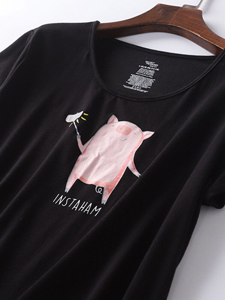 Camisón Informal De Manga Corta Con Estampado De Cerdo De Dibujos Animados Para Mujer De Talla Grande