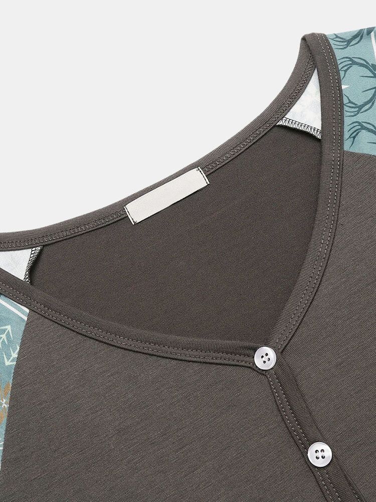 Camisón De Manga 3/4 Con Botones Delanteros Con Cuello En V Y Retazos Para Mujer De Talla Grande