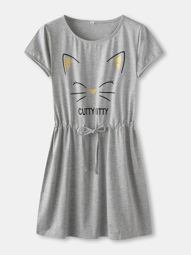 Camisón De Manga Corta Con Cordón Y Estampado De Gato De Dibujos Animados Divertidos Para Mujer