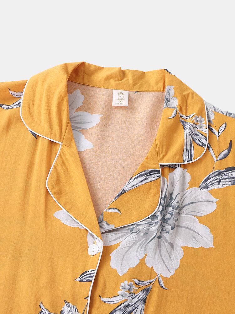 Camisón De Manga Larga Con Cuello Revere Y Estampado Floral Para Mujer Con Ribete En Contraste