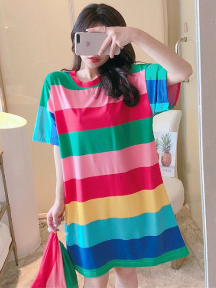 Camisón De Rayas De Colores Para Mujer Pijamas Cómodos De Manga Corta De Gran Tamaño