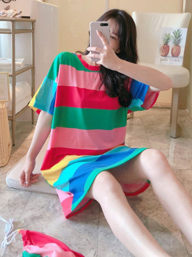 Camisón De Rayas De Colores Para Mujer Pijamas Cómodos De Manga Corta De Gran Tamaño