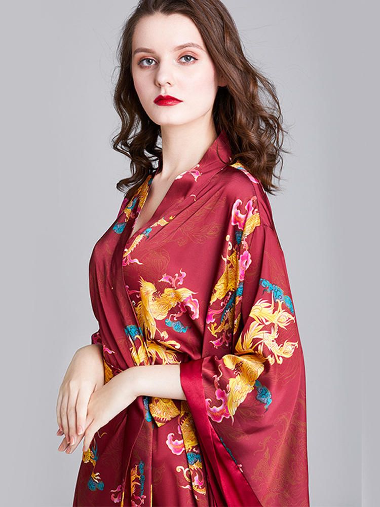 Camisón De Satén Con Cuello En V Y Manga Larga Con Estampado De Kimono Nupcial Para Mujer