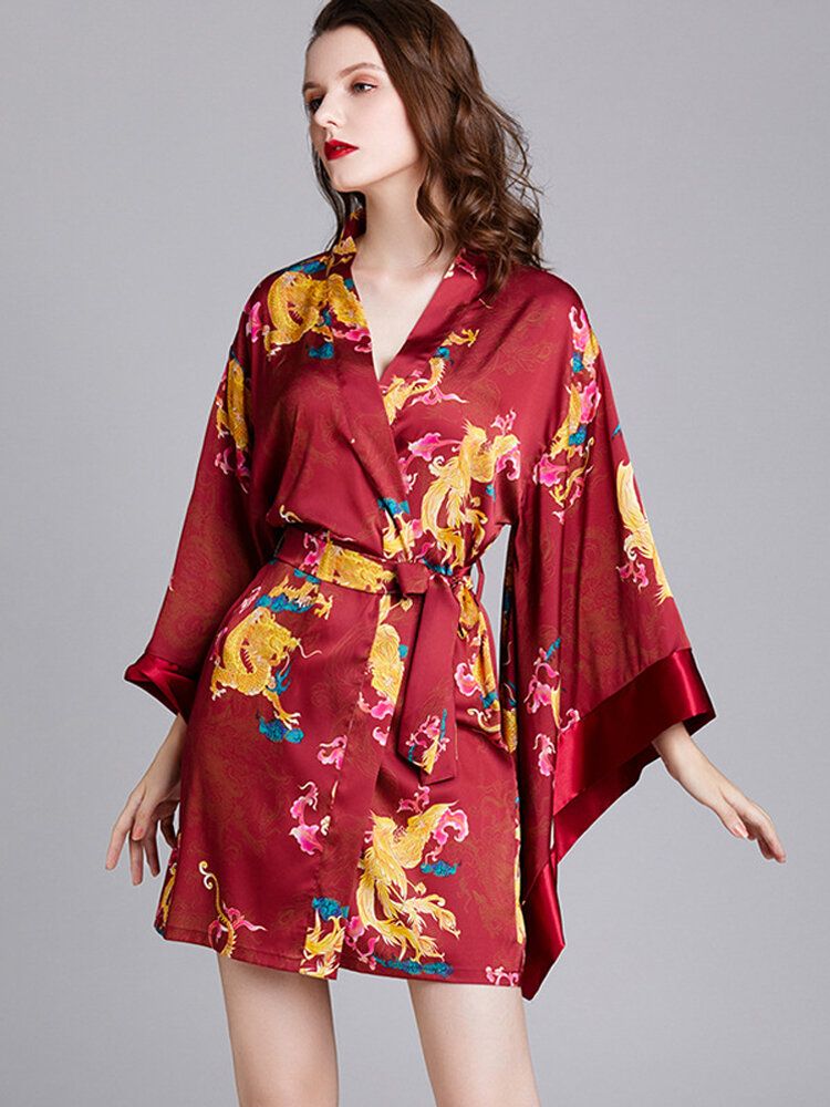 Camisón De Satén Con Cuello En V Y Manga Larga Con Estampado De Kimono Nupcial Para Mujer