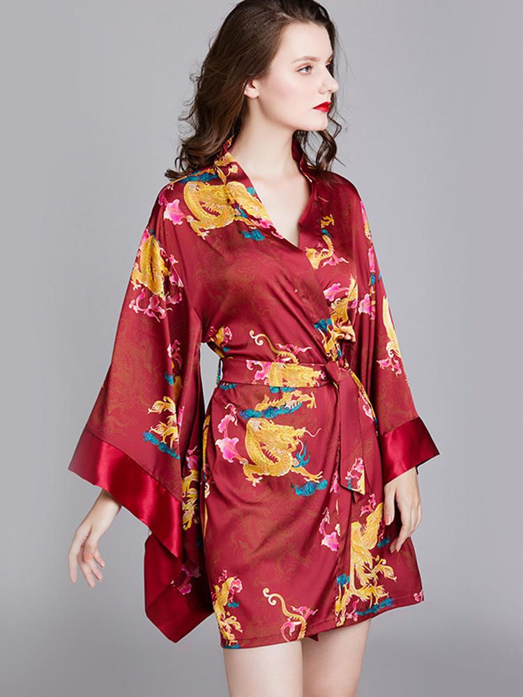 Camisón De Satén Con Cuello En V Y Manga Larga Con Estampado De Kimono Nupcial Para Mujer